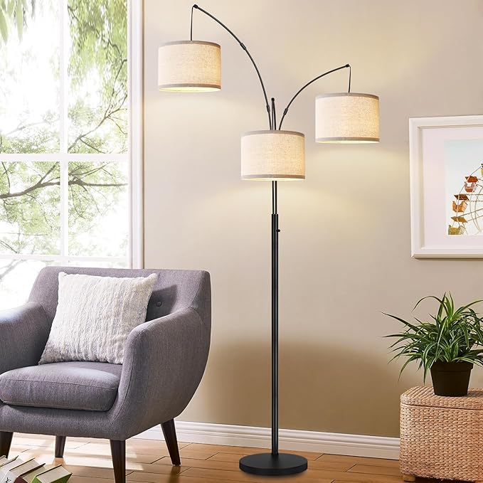 Dimmable Floor Lamp - 3 Lights Arc Floor Lamps for Living Room, 1000LM Modern Tall Standing Lamp with White Shades & Heavy Base, Mid Century Tree Floor Lamp for Bedroom Office, 3 LED Bulbs Included - LeafyLoom
