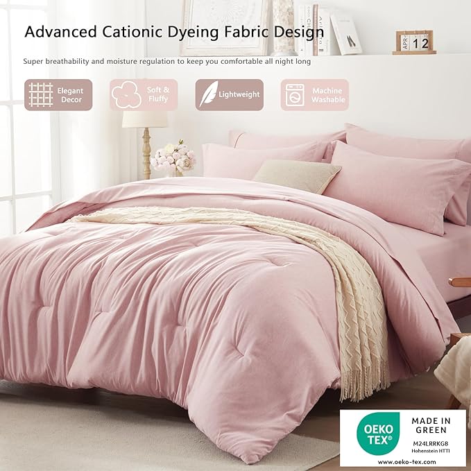 UNILIBRA King Comforter Set 7 Pieces Bed in a Bag - Pink King Soft Bedding Set for All Seasons - Cationic Dyeing Bed Comforter Sets with Comforter, Flat Sheet, Fitted Sheet, Pillowcases & Shams - LeafyLoom