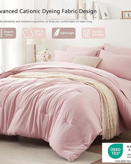 UNILIBRA Full Comforter Set 7 Pieces - Pink Bed in a Bag Full Size Soft for All Seasons - Cationic Dyeing Bedding Comforter Sets with Comforter, Flat Sheet, Fitted Sheet, Pillowcases & Shams - LeafyLoom