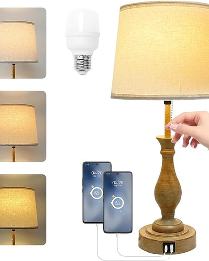 Farmhouse Table Lamp 3-Way Dimmable Table Lamp, Modern Nightstand Lamp with 2 USB Port Pull Chain Bedside Desk Lamp with Fabric Shade for Living Room Bedroom Hotel (Metal-Pack-02) - LeafyLoom
