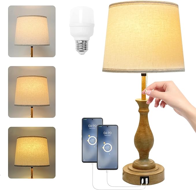 Farmhouse Table Lamp 3-Way Dimmable Table Lamp, Modern Nightstand Lamp with 2 USB Port Pull Chain Bedside Desk Lamp with Fabric Shade for Living Room Bedroom Hotel (Metal-Pack-02) - LeafyLoom