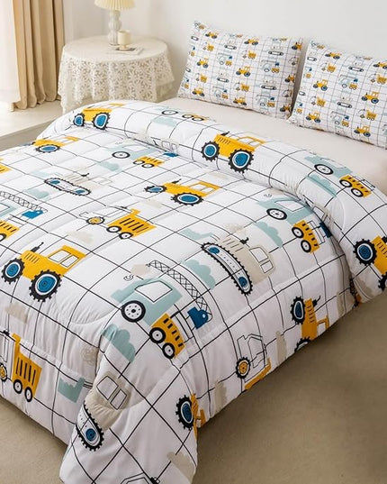 Feelyou Construction Truck Comforter Set King Size Kids Machinery Truck Excavators Vehicles Comforter for Boys Teens Cartoon Tractor Bedding Set Excavator Tractor Plaid Grid White Duvet Set Quilt Set - LeafyLoom