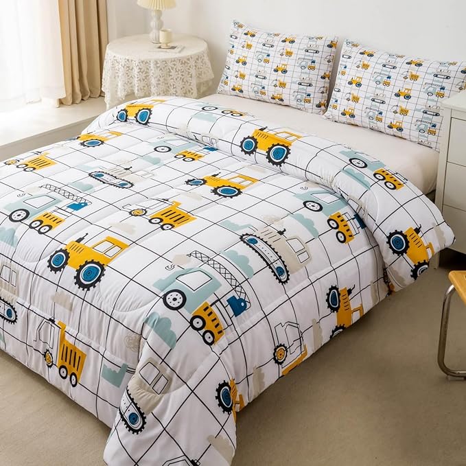 Feelyou Construction Truck Comforter Set Queen Size Kids Machinery Truck Excavators Vehicles Comforter for Boys Teens Cartoon Tractor Bedding Set Excavator Tractor Plaid Grid White Duvet Set Quilt Set - LeafyLoom