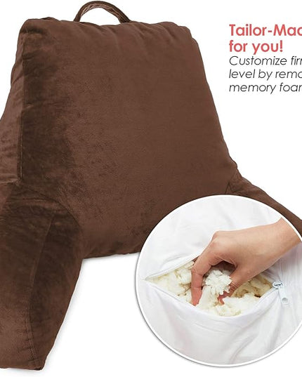 Clara Clark Reading Pillow, Standard Back Pillow for Sitting Up in Bed, Memory Foam Back Support Pillow, Reading Pillows for Sitting in Bed, Chocolate Brown Sit Up Pillow, Arm Pillow with Pockets - LeafyLoom