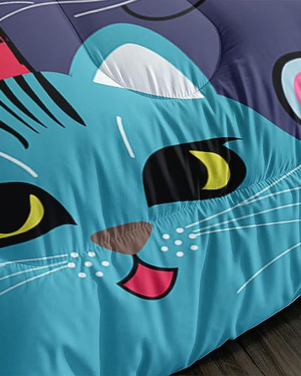 Axolotl Cartoon Cat Comforter Set Kids Bedding Twin Size,Cute Colorful Cat Bedding Set for Kids Boys Girls Adults Teens Room Decor,Kids Comforter Set All Season,1 Comforter 2 Pillow Cases - LeafyLoom