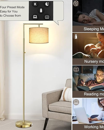 Dimmable Floor Lamp, 4-Color Temperature Modern Standing Lamp with Remote Control & Beige Shade, Tall Pole Floor Lamp for Living Room, Bedroom, Study Room, Office (LED Bulb Included) - Gold - LeafyLoom