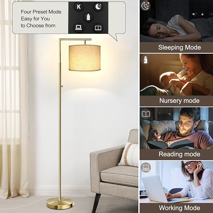 Dimmable Floor Lamp, 4-Color Temperature Modern Standing Lamp with Remote Control & Beige Shade, Tall Pole Floor Lamp for Living Room, Bedroom, Study Room, Office (LED Bulb Included) - Gold - LeafyLoom