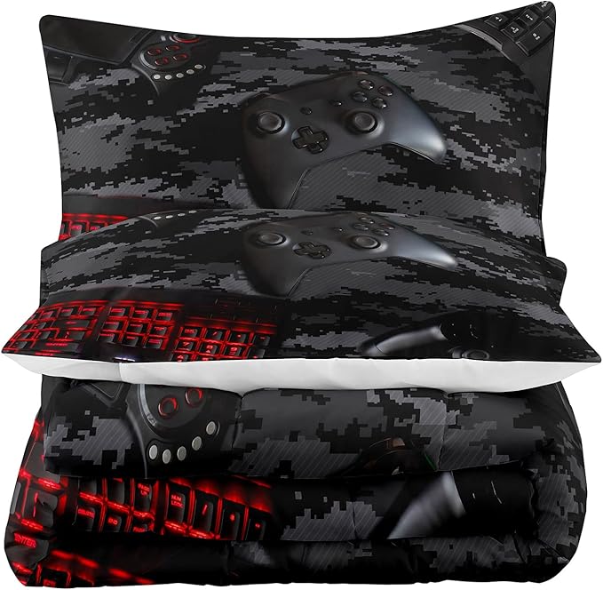 Tailor Shop Gaming Comforter Set Twin Size for Boys, Black Camouflage Gamer Bedding Sets for Boys Kids Teenage, All Season 2 Piece Gaming Bed Set with 1 Comforter and 1 Matching Pillowcase - LeafyLoom
