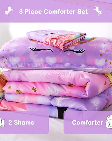 Unicorn Comforter Set 3pc Pink Flower Girl Soft Unicorn Kid's Bedding Sets - LeafyLoom