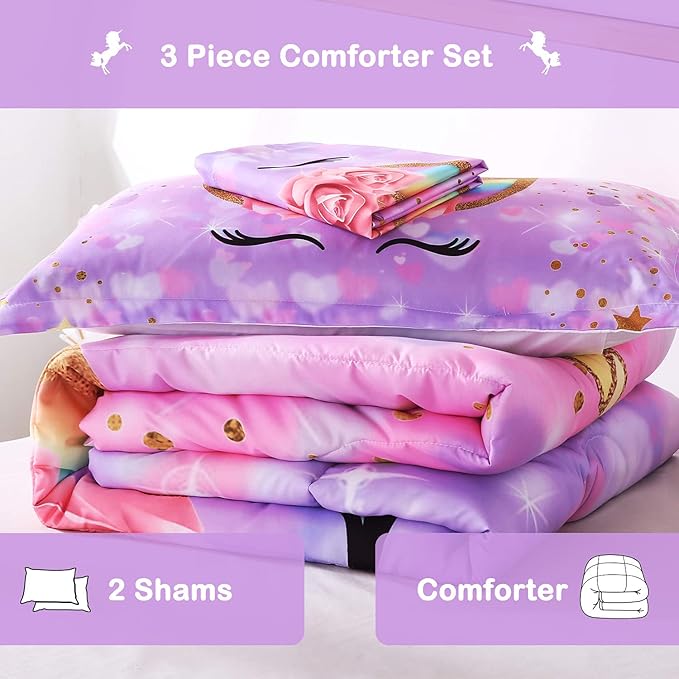 Unicorn Comforter Set 3pc Pink Flower Girl Soft Unicorn Kid's Bedding Sets - LeafyLoom