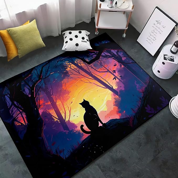 Magic Black Cat Rug - Moon Cat Rug for Girls Room Forestscape Cat Area Rug Black Cat Door Mat Colorful Rug with Black Cat Pattern, 2.5x4 Feet - LeafyLoom