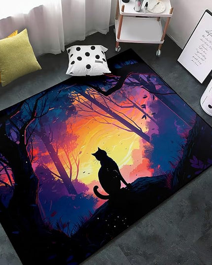 Magic Black Cat Rug - Moon Cat Rug for Girls Room Forestscape Cat Area Rug Black Cat Door Mat Colorful Rug with Black Cat Pattern, 3x4 Feet - LeafyLoom