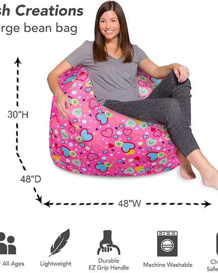 Posh Creations Bean Bag Chair for Kids, Teens, and Adults Includes Removable and Machine Washable Cover, Canvas Multi-Colored Hearts on Pink, 48in - X-Large - LeafyLoom