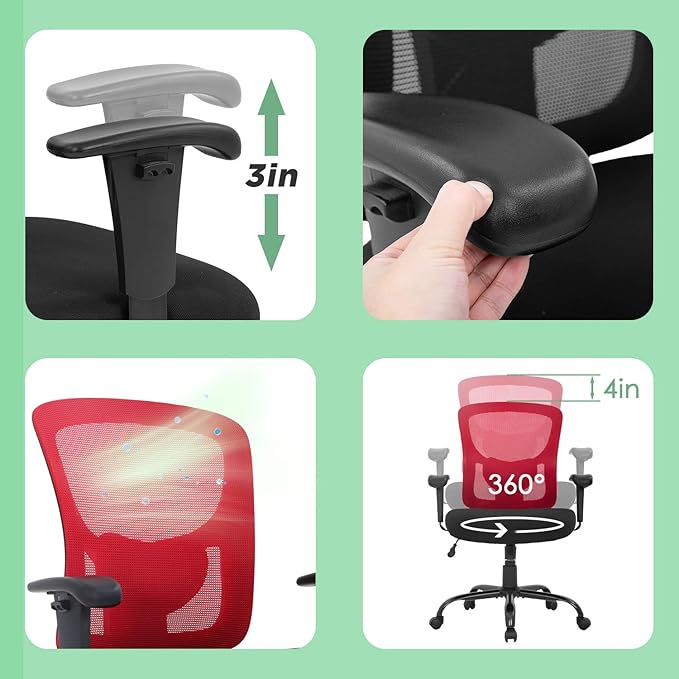 BestOffice Big and Tall Office Chair 500lbs Desk Chair Mesh Computer Chair with Lumbar Support Wide Seat Adjust Arms Rolling Swivel High Back Task Executive Ergonomic Chair for Home Office (Red) - LeafyLoom
