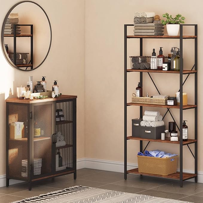 BON AUGURE Industrial Bookshelf, Etagere Bookcases and Book Shelves 5 Tier, Rustic Wood and Metal Shelving Unit (Rustic Oak) - LeafyLoom
