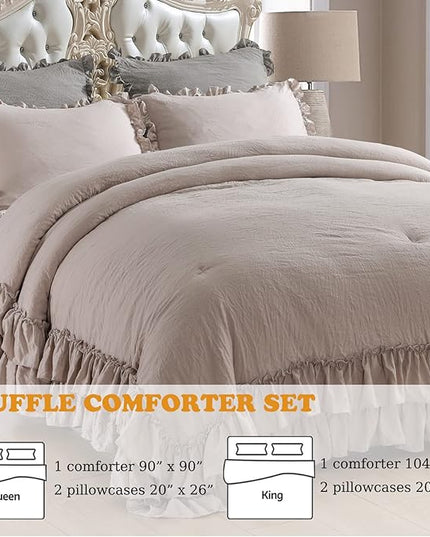Taupe Ruffled Comforter Set for Queen Bed,3 Pieces Vintage Farmhouse Shabby Bedding Set Lightweight Ultra Soft French Country Bedding (1 Farmhouse Comforter +2 Pillowcases) - LeafyLoom