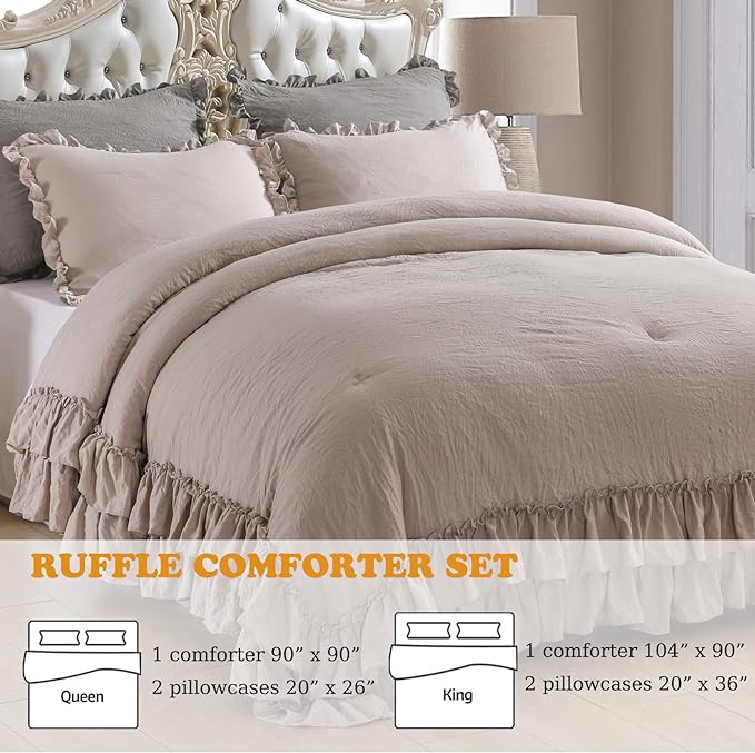 Shabby Ruffled King Comforter Set,Farmhouse Taupe Bedding Comforter Lightweight Ultra Soft Vintage Rustic Microfiber Bedding 3pc (1 Ruffle Comforter and 2 Pillowcases) - LeafyLoom