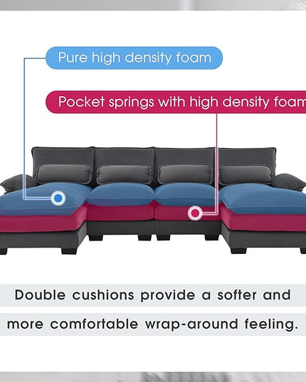 U Shaped Modular Sectional Sofa with Double Chaise Lounge, Chenille Upholstered Symmetrical Cloud Couch with Solid Wood Legs and Waist Pillows, 6 Seater Large Sofa&Couch for Living Room Office - LeafyLoom