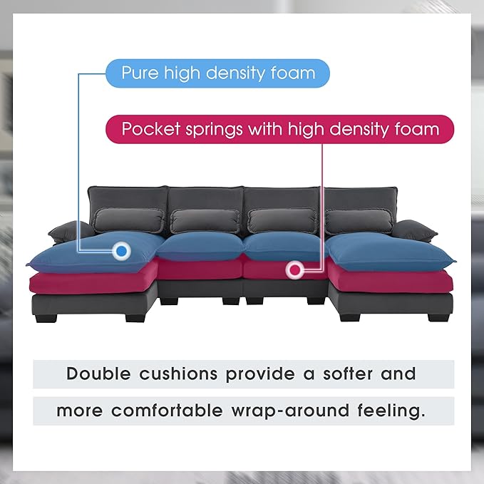U Shaped Modular Sectional Sofa with Double Chaise Lounge, Chenille Upholstered Symmetrical Cloud Couch with Solid Wood Legs and Waist Pillows, 6 Seater Large Sofa&Couch for Living Room Office - LeafyLoom