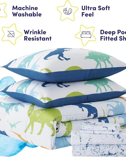 Kids Bedding Set Bed in a Bag for Boys and Girls Toddlers Printed Sheet Set and Comforter, Full, Dinosaur (Pack of 4) - LeafyLoom