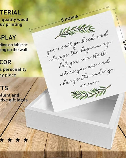 Home Office Desk Wooden Box Sign Decor, You Can't Go Back and Change The Beginning, Inspirational Quotes Desk Decor Motivational Desk Decorations for Women Men Alcoholics Anonymous Counselor Therapist - LeafyLoom