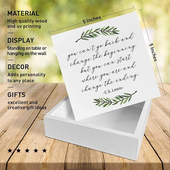 Home Office Desk Wooden Box Sign Decor, You Can't Go Back and Change The Beginning, Inspirational Quotes Desk Decor Motivational Desk Decorations for Women Men Alcoholics Anonymous Counselor Therapist - LeafyLoom