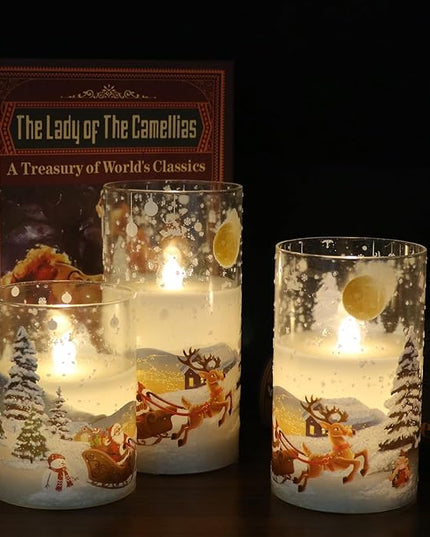 DRomance Santa Claus Glass Flameless Candles Battery Operated Remote and Timer Real Wax LED Flickering Pillar Candles White Cold Light Window Christmas Holiday Decor D3 x H4, 5", 6" DRomance