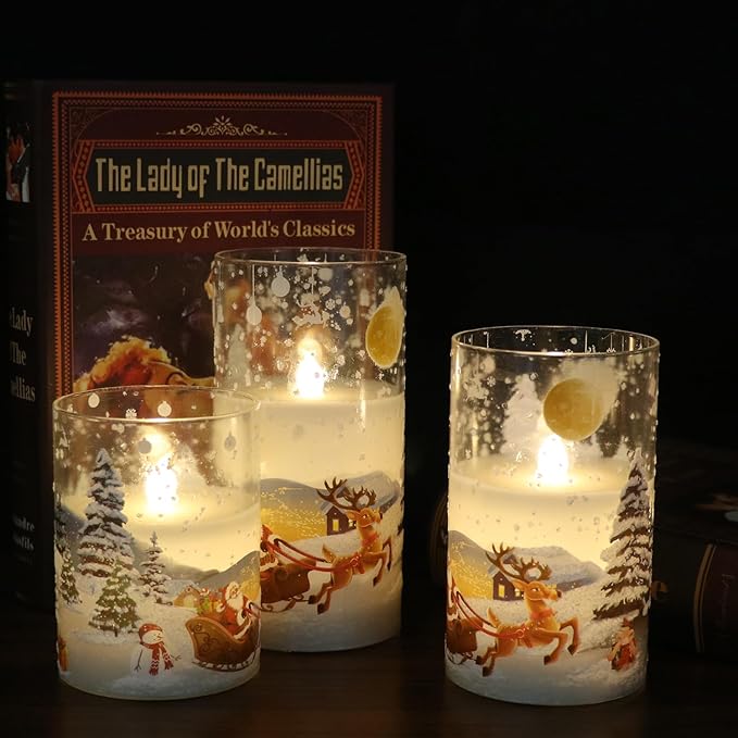DRomance Santa Claus Glass Flameless Candles Battery Operated Remote and Timer Real Wax LED Flickering Pillar Candles White Cold Light Window Christmas Holiday Decor D3 x H4, 5", 6" DRomance