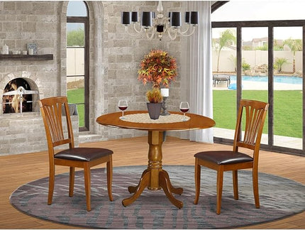 East West Furniture DLAV3-SBR-LC 3 Piece Dining Set Contains a Round Dining Table with Dropleaf and 2 Faux Leather Kitchen Room Chairs, 42x42 Inch, Saddle Brown - LeafyLoom
