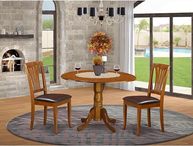 East West Furniture DLAV3-SBR-LC 3 Piece Dining Set Contains a Round Dining Table with Dropleaf and 2 Faux Leather Kitchen Room Chairs, 42x42 Inch, Saddle Brown - LeafyLoom