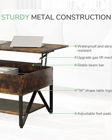 Novilla Lift Top Coffee Table with Storage 40 Inch Wood Lift Up Center Table for Living Room Tea Table with Hidden Compartment Rising Tabletop Table Cocktail Table, Rustic Brown - LeafyLoom