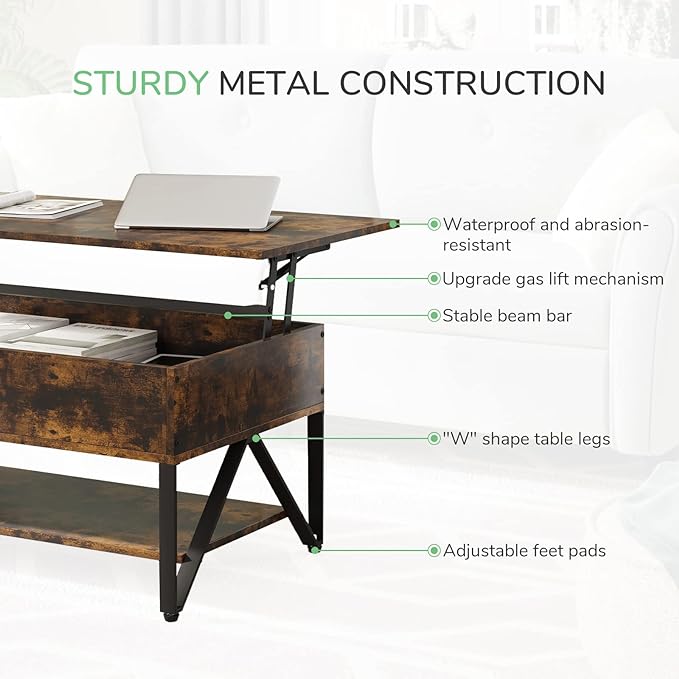 Novilla Lift Top Coffee Table with Storage 40 Inch Wood Lift Up Center Table for Living Room Tea Table with Hidden Compartment Rising Tabletop Table Cocktail Table, Rustic Brown - LeafyLoom