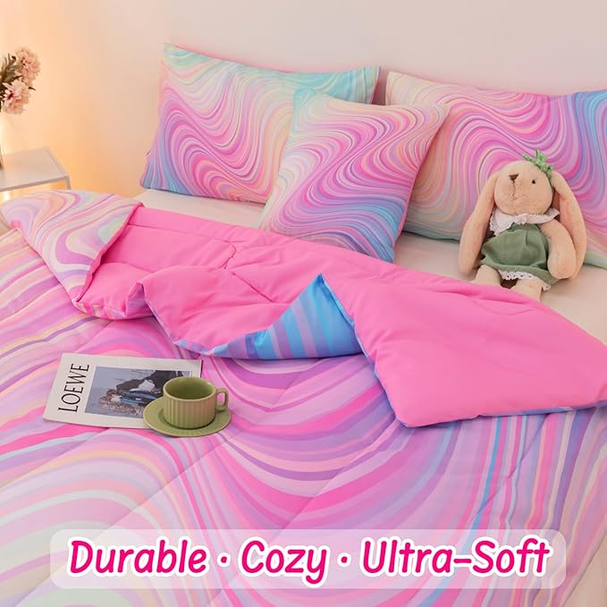 4 Pcs Pink Twin Comforter Set for Girls, Tie Dye Superior Kids Teen Bedding Sets, Blue Pink Rainbow Twin Size Bedding Set for Girls - LeafyLoom