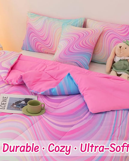 4 Pcs Pink Full Comforter Set for Girls, Tie Dye Superior Kids Teen Bedding Sets, Blue Pink Rainbow Full Size Bedding Set for Girls - LeafyLoom