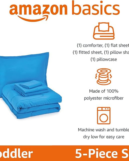 Amazon Basics 5 Piece Microfiber Kid's Bed-in-a-Bag Bedding Set, Toddler, Blue, Solid - LeafyLoom