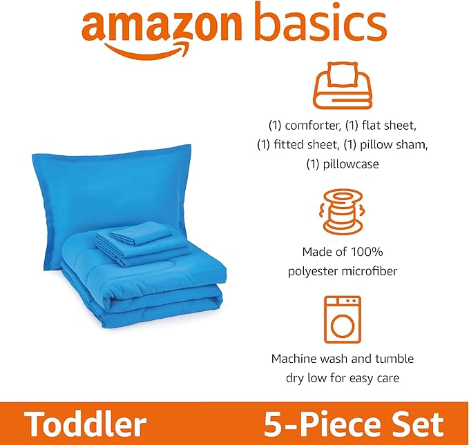 Amazon Basics 5 Piece Microfiber Kid's Bed-in-a-Bag Bedding Set, Toddler, Blue, Solid - LeafyLoom