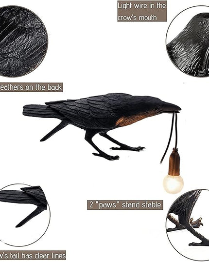 Raven Desk Lamp, Raven Lamp, Bird Lamp, Resin LED Bird Lamp for Bedroom/Office/Living Room/Farmhouse Art Deco with Plug (Sit) - LeafyLoom