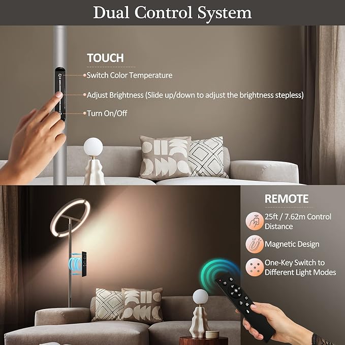 FIMEI Split Floor Lamp, Bright Modern LED Standing Lamp, Stepless Dimming and 4 Color Temperature, Eye-Protection Reading Standing Light for Living Room Bedroom Office, Touch&Remote Control, Gray - LeafyLoom