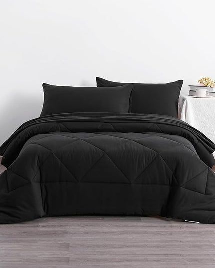 NTBAY Twin Comforter Set with Sheets, 5 Pieces Soft and Breathable Twin Bedding Set, Twin Bed in a Bag, Down Alternative Comforter Set Solid Color All Season, Kids Bedding Set, Black - LeafyLoom