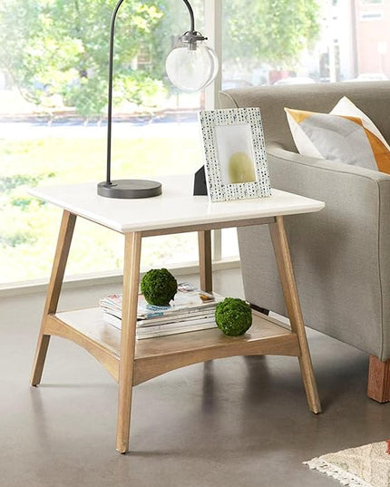 Madison Park Parker Mid-Century Modern End Table With Solid Wood Frame And Legs, Bottom Shelf, Easy Assembly, Simple Accent Furniture For Living Room, Entry, Minimalist Decor - Off-White/Natural - LeafyLoom