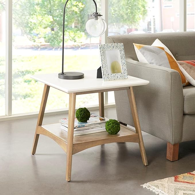 Madison Park Parker Mid-Century Modern End Table With Solid Wood Frame And Legs, Bottom Shelf, Easy Assembly, Simple Accent Furniture For Living Room, Entry, Minimalist Decor - Off-White/Natural - LeafyLoom