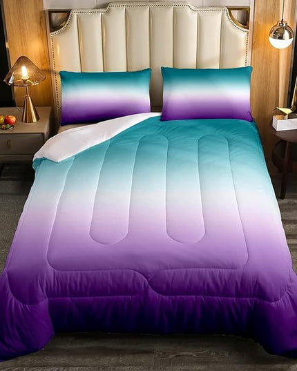 Erosebridal Ombre Comforter Set Green Purple Teal Bedding Set King Size Colorful Gradient Down Comforter Modern Abstract Quilt Duvet Insert Soft Warm Lightweight 1Comforter with 2 Pillowcases - LeafyLoom