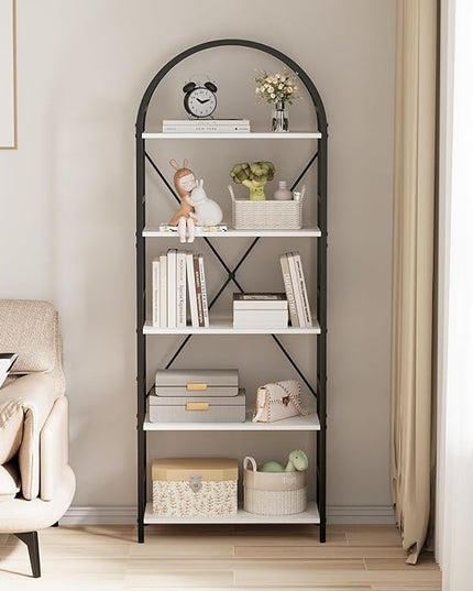 5-Tier Bookshelf, 24 Inch Width Industrial Arched Bookcase, Vintage Storage Rack with Open Shelves, Free Standing Shelf for Home Office, Living Room,Bedroom, Black & White - LeafyLoom