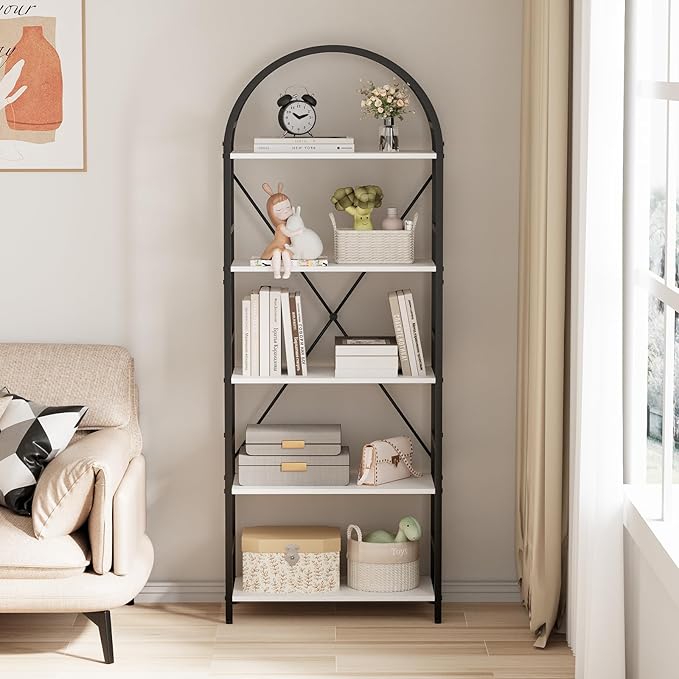 5-Tier Bookshelf, 24 Inch Width Industrial Arched Bookcase, Vintage Storage Rack with Open Shelves, Free Standing Shelf for Home Office, Living Room,Bedroom, Black & White - LeafyLoom