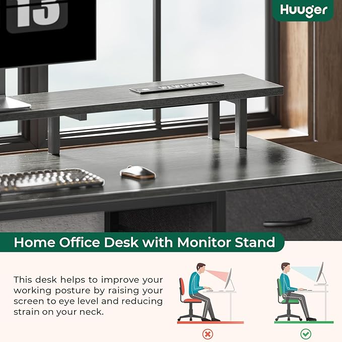 47 inch Computer Desk with 4 Drawers, Gaming Desk with LED Lights & Power Outlets, Home Office Desk with Large Storage Space for Bedroom, Work from Home, Gray - LeafyLoom