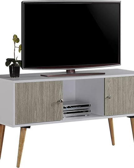 Hodedah Retro Style TV Stand with Two Storage Doors, and Solid Wood Legs, White - LeafyLoom