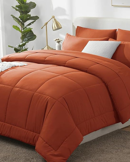 CozyLux Queen Size Comforter Set - 7 Pieces Bed in a Bag Set Burnt Orange, Bedding Sets Queen with All Season Quilted Comforter, Flat Sheet, Fitted Sheet, Pillowcases, Terracotta, Queen - LeafyLoom