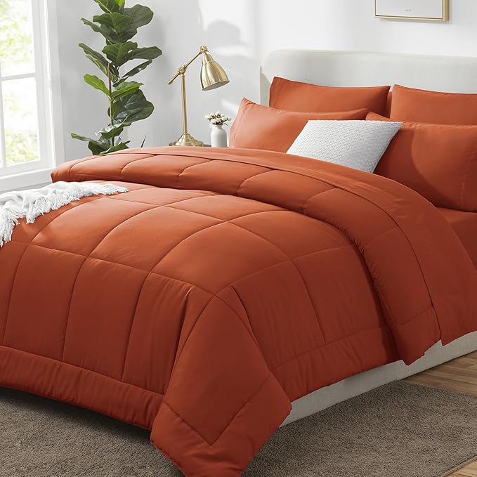 CozyLux Queen Size Comforter Set - 7 Pieces Bed in a Bag Set Burnt Orange, Bedding Sets Queen with All Season Quilted Comforter, Flat Sheet, Fitted Sheet, Pillowcases, Terracotta, Queen - LeafyLoom