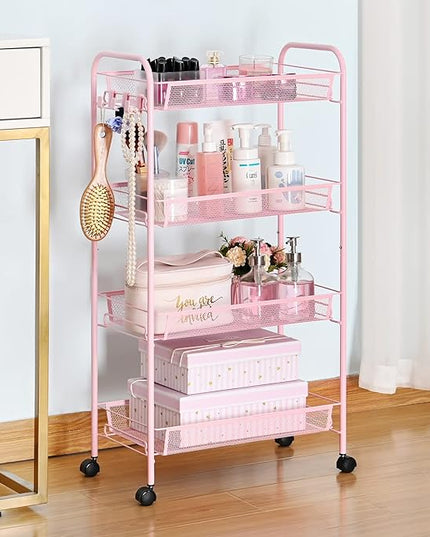 TOOLF 4-Tier Rolling Cart, Metal Utility Cart with 3 Hooks, Easy Assemble Mobile Storage Trolley On Wheels, Metal Shelving Units Kitchen Bathroom Laundry Room - LeafyLoom