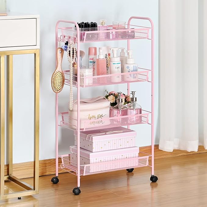 TOOLF 4-Tier Rolling Cart, Metal Utility Cart with 3 Hooks, Easy Assemble Mobile Storage Trolley On Wheels, Metal Shelving Units Kitchen Bathroom Laundry Room - LeafyLoom